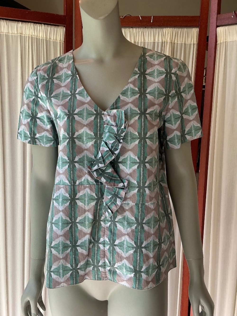 Marni Women’s Italian Cotton Blouse Abstract Short Sleeves With Ruffle Sz 42/M